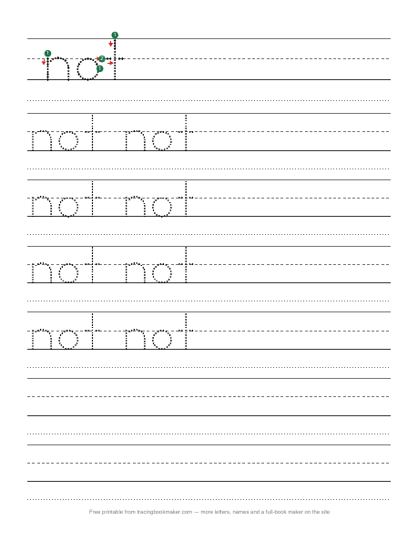 Sight word not tracing worksheet