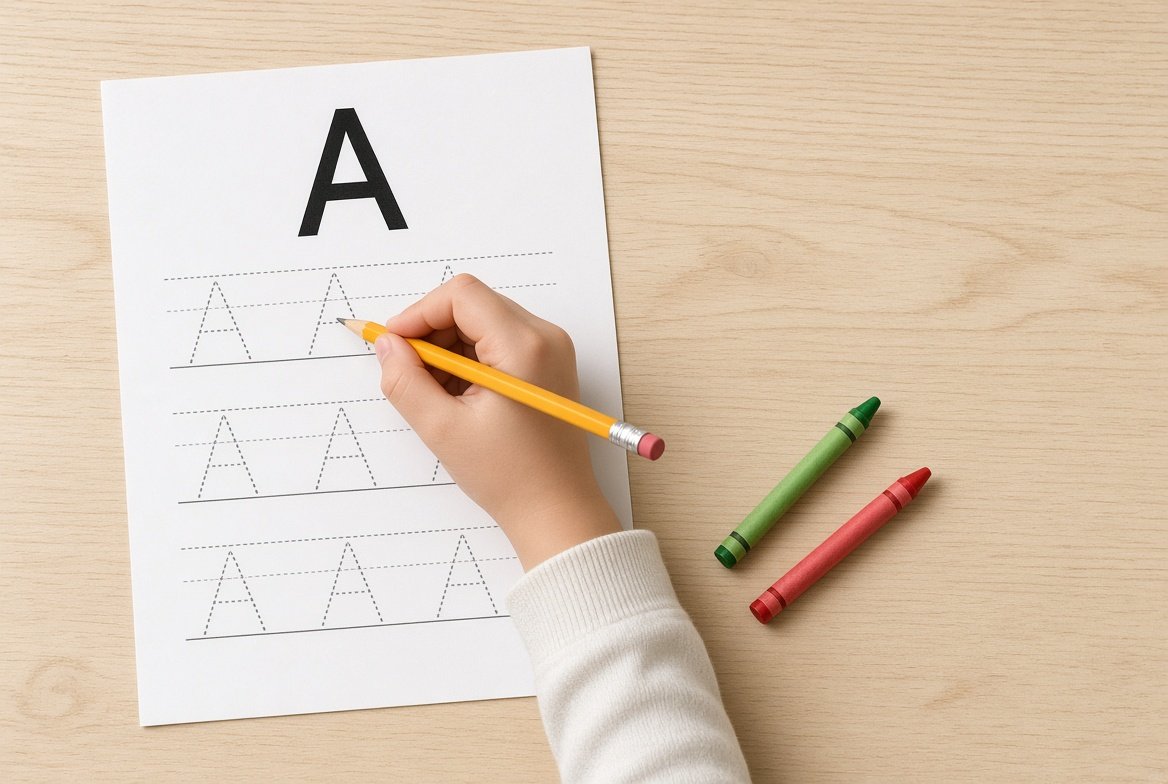 A child's hand tracing dotted letter A on a printed worksheet